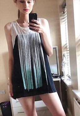 Sleeveless Vest Top With Lace Detail And Fringing In Black