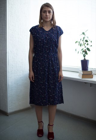 VINTAGE 80'S BLUE FLOWER PATTERNED DRESS