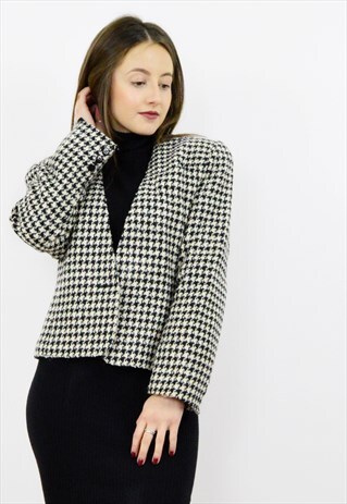 VINTAGE 90S CLASSIC DOG TOOTH PRINT CROPPED WOOL BLAZER