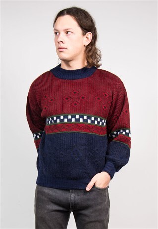 90'S VINTAGE PATTERNED GRUNGE GRANDAD KNIT JUMPER