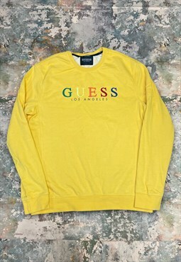 Yellow Guess Embroidered Spell Out Sweatshirt 