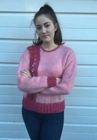 WOMENS VINTAGE 80S JUMPER PINK HANDKNITTED WOOL SWEATER
