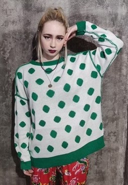 Reversible polka dot sweater dot knit jumper in white green