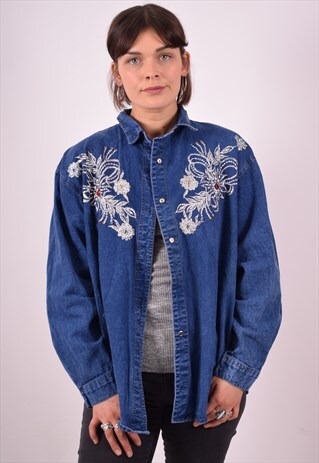 WOMENS VINTAGE DENIM SHIRT MEDIUM BLUE 90S