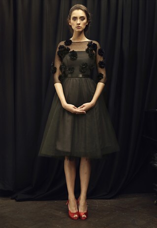 ELEGANT BLACK NET MIDI TUTU DRESS WITH CHIFFON FLOWERS