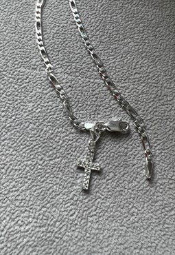 Men's Sterling Silver Figaro Chain 7" Bracelet and Cross 