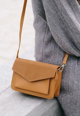 LEATHER AND SUEDE MINIMALIST CROSS BODY BAG - BROWN
