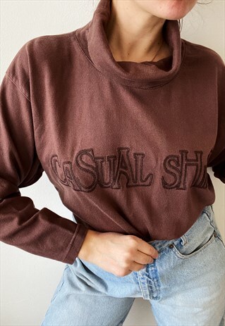 VINTAGE 90S ROLL NECK SLOGAN LONGLINE SWEATSHIRT JUMPER