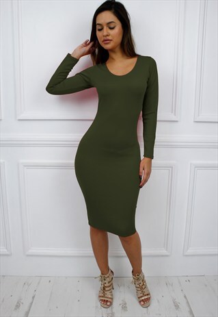 KHAKI SCOOP NECK LONG SLEEVE BODYCON MIDI DRESS