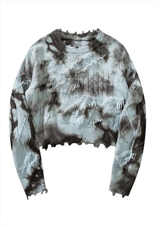 CROPPED TIE-DYE SWEATER GRADIENT JUMPER RIPPED PULLOVER BLUE