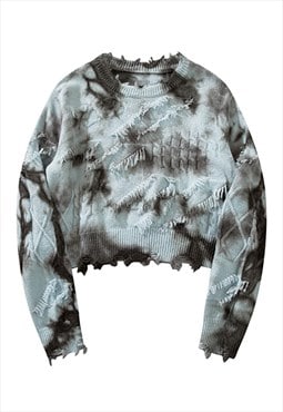 Cropped tie-dye sweater gradient jumper ripped pullover blue