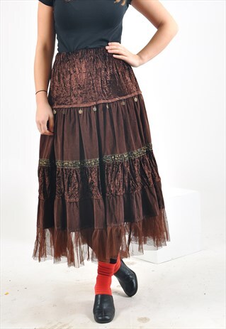 VINTAGE MAXI VELVET SKIRT IN BROWN