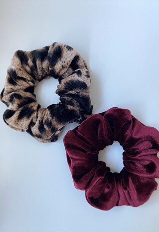 HANDMADE VELVET SCRUNCHIE SET - RED AND LEOPARD PRINT VELVET
