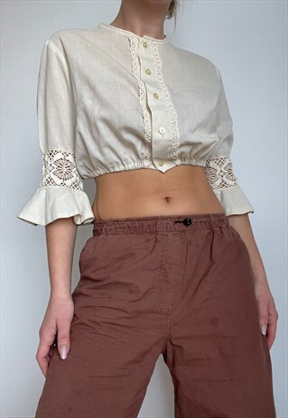 VINTAGE BEIGE EMBROIDERED CROPPED SHIRT