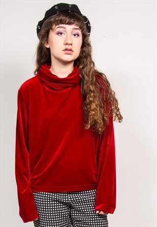 VINTAGE 90'S RED VELVET ROLL NECK TOP