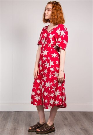 90'S VINTAGE RED BRIGHT PATTERNED MIDI SUMMER DRESS