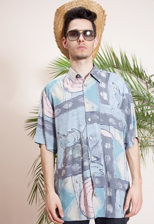 MENS VINTAGE SHORT SLEEVE, ABSTRACT PRINT, BUTTON UP SHIRT