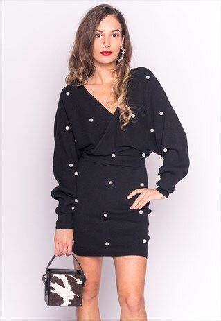 FAUX PEARL EMBELLISHED KNITTED RIBBED WRAP BODYCON DRESS
