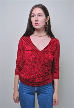Vintage ribbed blouse, 90s v-neck pullover red shirt