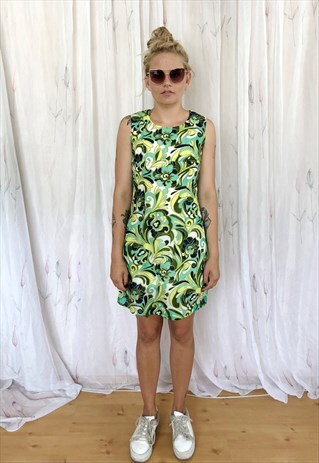 BRIGHT GREEN FLORAL SLEEVELESS VINTAGE DRESS