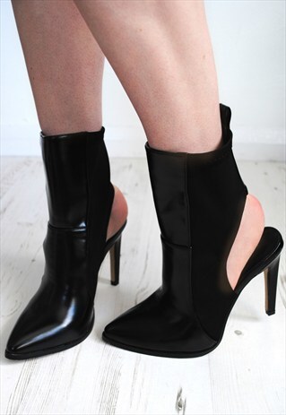 SASKIA BLACK STILETTO ANKLE BOOTS WITH CUT OUT HEEL