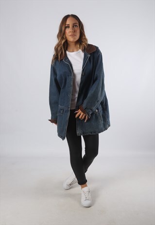 VINTAGE DENIM JACKET OVERSIZED CHECKED LONGLINE UK 14 (K93H)