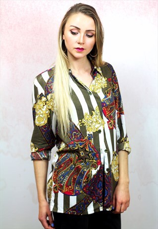 1990S VINTAGE GREEN SCARF PRINT VISCOSE BLOUSE