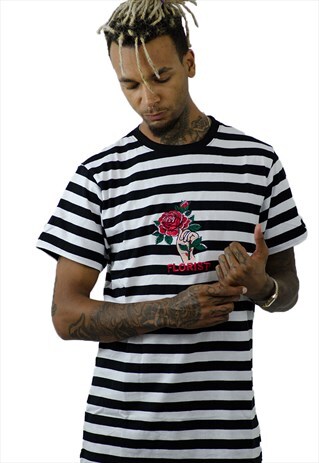FLORIST EMBROIDERED BLACK AND WHITE STRIPED T-SHIRT