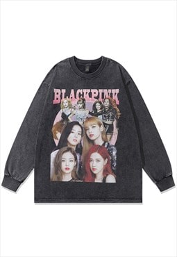 Blackpink t-shirt vintage wash top Korean singer long tee