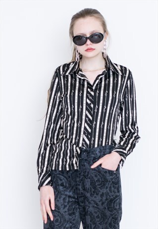 VINTAGE BLACK STRIPED PATTERNED LONG SLEEVE RETRO SHIRT