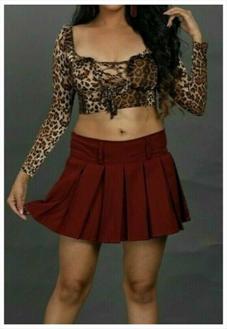 BURGUNDY HIGH WAIST PLEATED SKATER MINI PLAID A-LINE SKIRT