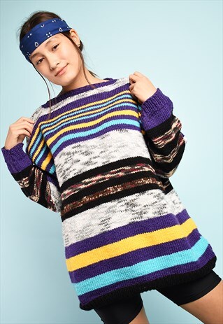 VINTAGE 80S RETRO MULTICOLOR STRIPED HANDKNIT SLOUCHY JUMPER