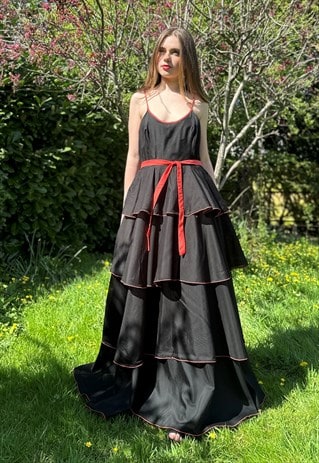 70's Vintage Black Red Tiered Ladies Maxi Slip Dress
