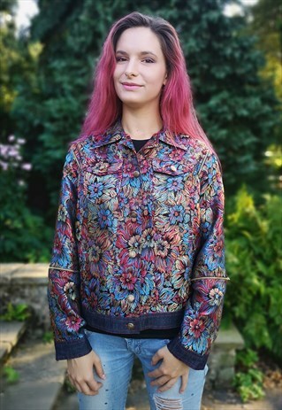 FLOWERS BROCADE JACKET WITH OFF SHOULDERS ZIPPERS