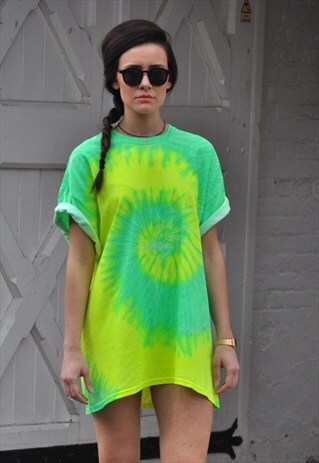 OVERSIZE NEON YELLOW GREEN TIE DYE SUMMER T SHIRT DRESS TOP