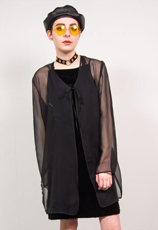 VINTAGE 90'S BLACK SHEER OPEN KIMONO STYLE BLOUSE TOP