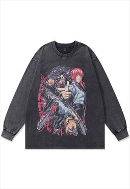 Long sleeve Anime top Japanese cartoon t-shirt in acid grey