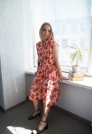 VINTAGE 70'S RED/WHITE FLORAL PRINT MIDI DRESS