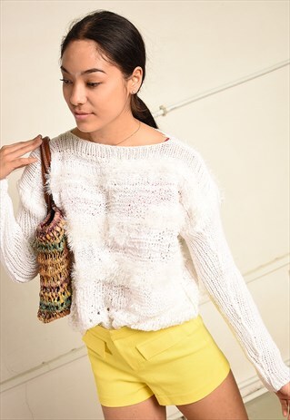 VINTAGE 80S SHIMMER FLUFFY FURRY JUMPER IN WHITE KNIT