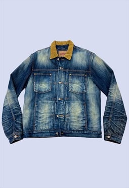 Mid Wash Blue Distressed Faded Cord Collar Denim Jacket