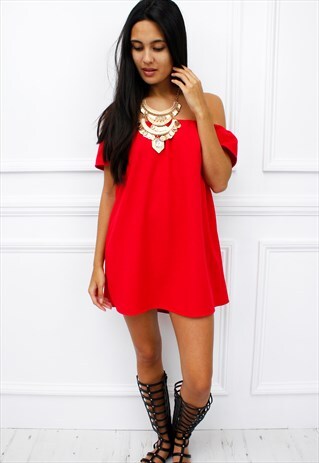 WOMENS LADIES RED OFF SHOULDER BARDOT PEASANT DRESS