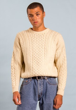 70'S VINTAGE CABLE JUMPER CREAM ARRAN KNIT WINTER CHUNKY