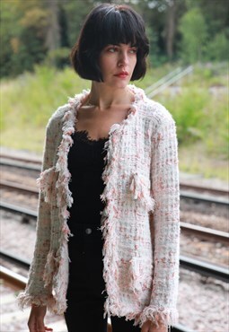 White pink color tweed effect knitted cardigan Jacket