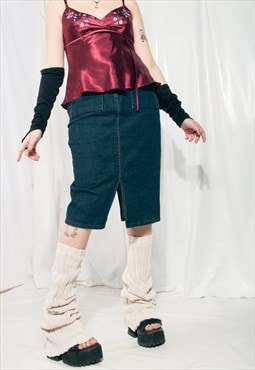 Vintage Denim Skirt Y2K Middle Rise Midi in Dark Blue