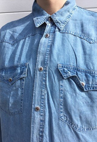 MENS VINTAGE 80S SHIRT LONG SLEEVE DENIM SHIRT WESTERN TOP
