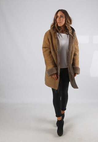 VINTAGE SHEEPSKIN SUEDE SHEARLING COAT SHORT HOODED 14 (H4G)
