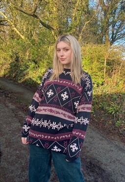 Vintage 80s Floral Knitted Chunky Cotton Grandad Knit Jumper
