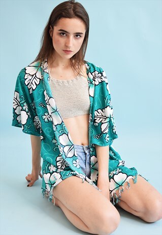 70'S RETRO BOHO HAWAIIAN FLORAL PRINT FRINGED KIMONO JACKET