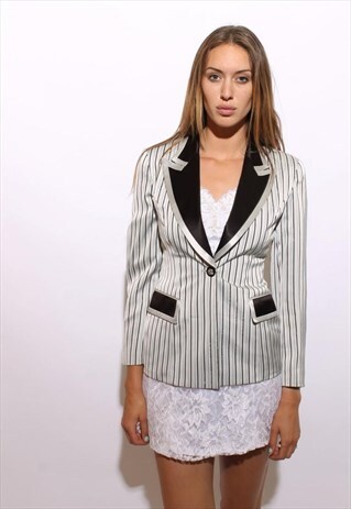 VINTAGE 1990'S 90'S SILVER SATIN PINSTRIPED SUIT BLAZER S-M