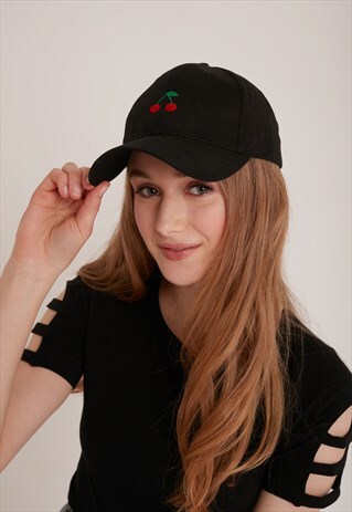 EMBROIDERED CAP - BLACK WITH CHERRIES EMBROIDERY